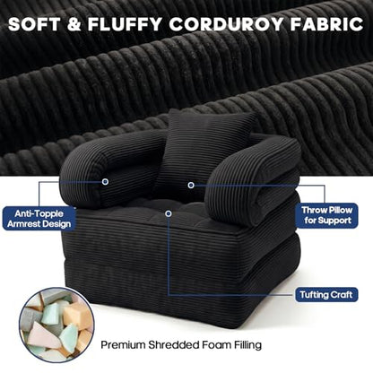 Folding Sofa Bed, Convertible Sleeper Chair with Armrests for Adults, Foldable Corduroy Boneless Bed, 3-in-1 Portable Futon Couch Floor Sofa with Pillow for Bedroom, Living Room, Black