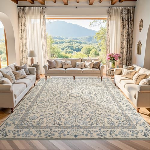 jinchan 8x10 Washable Living Room Area Rug, Vintage Floral, Blue/Cream | Soft Non-Slip Low-Pile, Botanical Aesthetic Throw Carpet for Bedroom Dining Room Nursery - color: Blue/Cream, size: 8' x 10' (Rectangular)