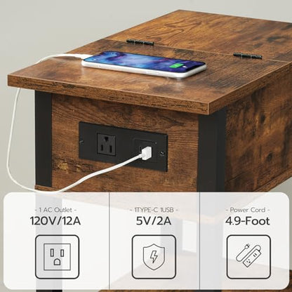 HOOBRO End Table with Charging Station, Flip Top Side Table with USB Ports, Narrow Nightstand Bedside Tables with Storage Shelves, for Small Space, Living Room, Rustic Brown and Black BF141UBZ01 - color: Rustic Brown + Black
