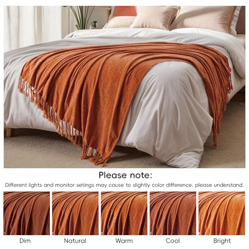 BATTILO HOME Burnt Orange Chenille Throw Blanket for Couch, Soft Cozy Knitted Fall Throw with Tassels, Lightweight Throw Blanket for Fall Decor Bed Sofa Living Room, 50"x60" | Soft Chenille Fall Blanket with Fringe Tassels, Lightweight Fall Decor and Fall