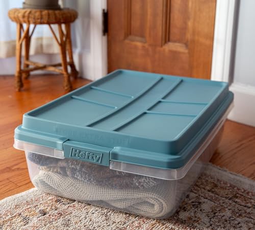 Hefty 40 Quart Hi-Rise Storage Bin with Lid, Stackable Plastic Container Tote for Home, Office, and Classroom Organization, 6 Pack, Smoke Blue - size: 40 Qt - 6 Pack