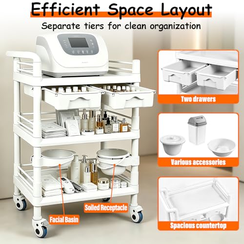 3-Tier Medical Mobile Trolley Cart, Rolling Esthetician Utility Cart | 330 Lbs Heavy Duty, with Drawers, Dirt Buckets & Bowl, 360° Rotate Lockable Wheels for Hospital, Dental Clinic, Beauty Salon - size: wide 28 in