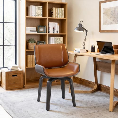 Mid Century Swivel Desk Chair No Wheels, Grey Oak Bentwood, Brown | Faux Leather, Solid Wood Legs, 360° Swivel, High-Density Foam, Adjustable Foot Pads, Home Office, Bedroom, Dining Room - color: Brown, size: Style A