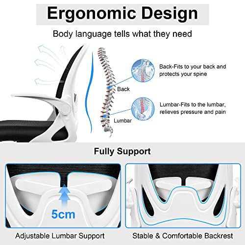 Office Chair Ergonomic Desk Chair with Adjustable Lumbar Support and Height, Swivel Breathable Desk Mesh Computer Chair with Flip up Armrests for Conference Room(White) - color: White