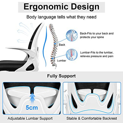Office Chair Ergonomic Desk Chair with Adjustable Lumbar Support and Height, Swivel Breathable Desk Mesh Computer Chair with Flip up Armrests for Conference Room(White) - color: White