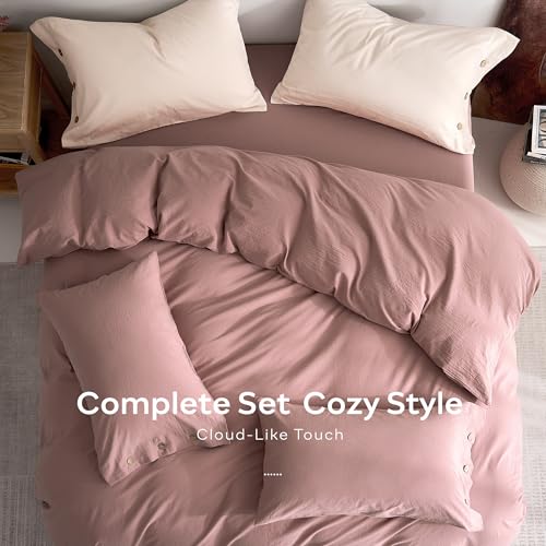 JELLYMONI 100% Washed Cotton Darker Rose Duvet Cover Queen, Linen-Like | OEKO-TEX Certified, Soft, Breathable Percale Bedding with Natural Wrinkle Texture, Button Closure, 3-Piece Set, 90"x90" - color: 01- Darker Rose, size: Queen(90"×90")