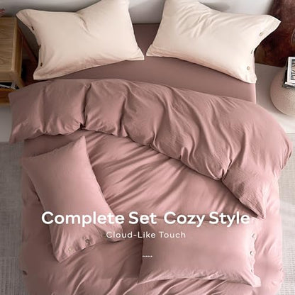 JELLYMONI 100% Washed Cotton Darker Rose Duvet Cover Queen, Linen-Like | OEKO-TEX Certified, Soft, Breathable Percale Bedding with Natural Wrinkle Texture, Button Closure, 3-Piece Set, 90"x90" - color: 01- Darker Rose, size: Queen(90"×90")