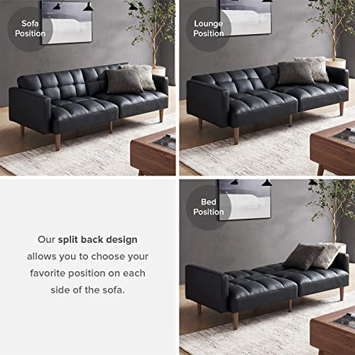 mopio 76.4" Futon Sofa Bed Tufted Styled, Sleeper Couch (Midnight Black PU) | Easy-clean surface reclines flat for visitors; a space-smart mid-century silhouette works anywhere. - color: Aaron Pu, Midnight Black