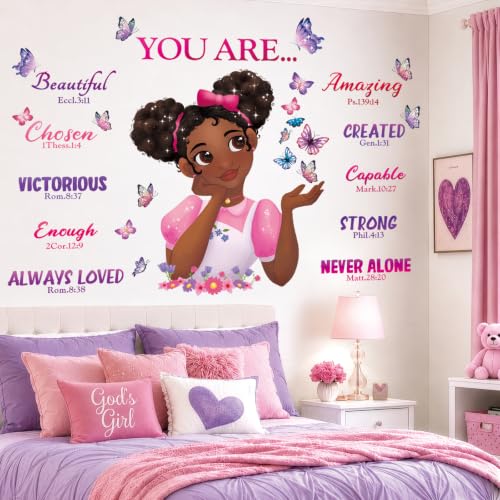 DECOWALL Black Girl Bible Verse Butterfly Wall Stickers Decals (SG2-2315) | Peel and stick, removable African American girl decor with affirmations, flowers and faith quotes for kids bedroom or nursery