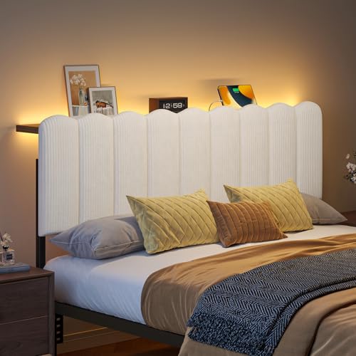 Queen LED Light Headboard with Storage Shelf, White | RGB LED 20 colors 21 modes, remote control, scalloped tufted, USB-A & Type-C ports, storage shelf, adjustable, foam padded - color: White, size: Queen