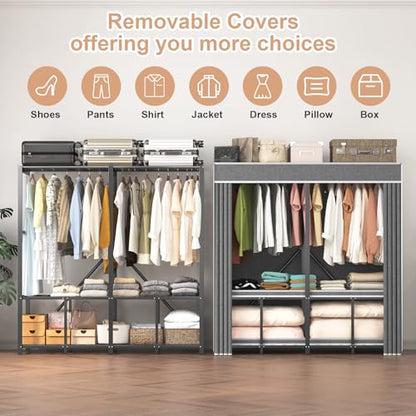 71" Heavy Duty Clothes Rack with Cover, 71" × 20.5" × 69" Portable Wardrobe Closet with Hanging Rod & Storage Shelf, Black Metal Garment Rack, 95% Pre-Assembled - size: 71"*20.5"*69"