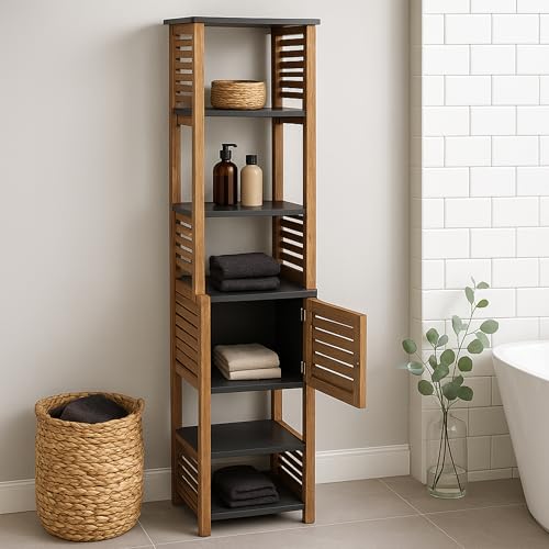 Tall Bathroom Storage Cabinet, Vented Door, Linen Tower, Slim, Brown-Gray | Engineered Wood, Art Deco, Space-Saving Bathroom Storage, Easy Assembly, Fits Small Bathrooms, Laundry, Hallway
