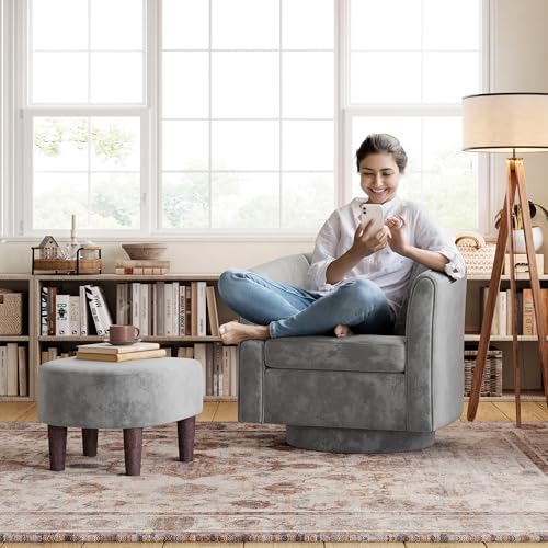 LINSY Swivel Accent Chair with Ottoman: Small Velvet Barrel Chair 360 Swivel Modern Armchair, Upholstered Reading Chair with Footrest for Living Room Bedroom Study Room (Grey) - color: Grey, size: Small