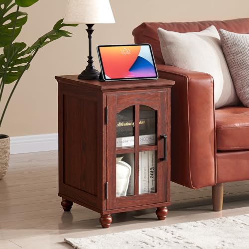 Narrow Side Table Set of 2, Farmhouse Nightstand with Charging Station | End Tables with Glass Barn Door, Cabinet Organizer with Adjustable Shelf, Night Stand for Small Spaces Living Room Bedroom - color: Red Oak, size: Set 2