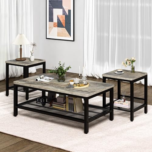 Coffee Table Set of 3 Coffee Table and end Table Sets, Modern Metal Frame Living Room Center Table for Small Apartment Home Office（Gray） - color: Grey