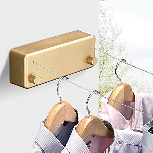 Retractable Double Clothesline Laundry Indoor Washing Clothes Line | Adjustable Stainless Steel Clothes Dryer Rope String, Hotel Style Heavy Duty, 13.8 Feets, Wall Mounted, Gold ABS Aluminum - size: Double Rope, style: Gold
