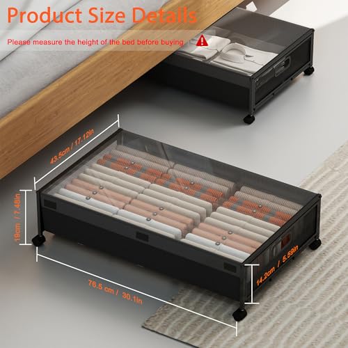 Under Bed Storage with Wheels, Rolling Underbed Storage Organizer, Heavy Duty Under Bed Storage for Clothes, Blankets and Bedding, Low Profile Underbed Container, Black