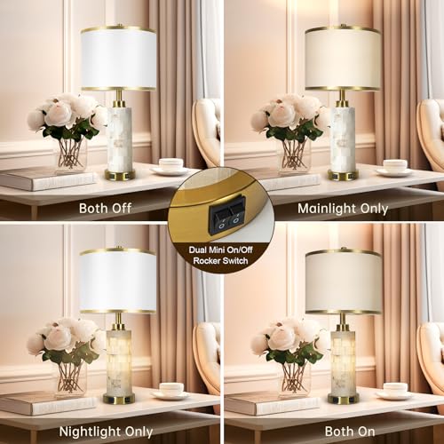 KIVDITZO 27" Alabaster Table Lamps Set of 2 for Living Room Bedroom | Bedside Lamps with Night Light, Nightstand Lamp with USB A+C Ports, Modern Table Lamp with Linen Shade, Bulbs Included - color: White