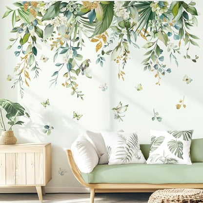 wondever Hanging Green Leaves Wall Decals Tropical Plants Wall Stickers | Peel and Stick, Removable, Wall Art Decals, Wall Decoration, Living Room Bedroom, Office Sofa TV Home Wall Decor - style: Flower Leaves