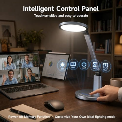 Desk Lamp for Home Office, Eye-Caring Diffused Table Lamp, 3 Colors & Dimmable Computer Lamp with Timer Function, Metal Swing Arm Reading Light