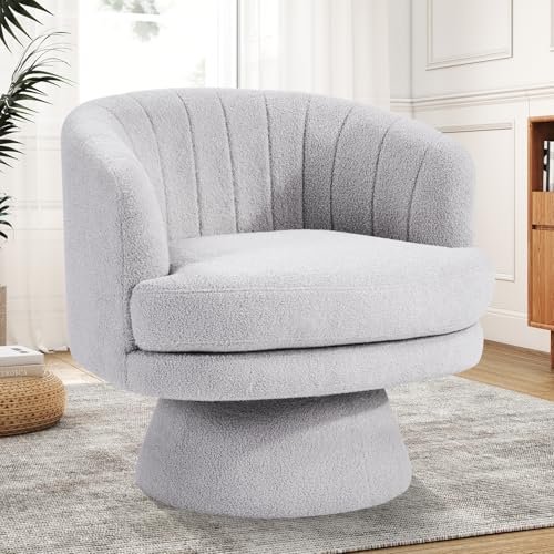Swivel Accent Chair with Armrest, Modern 360 Degree Swivel Barrel Chair with Curve Back and Soft Cushion,Comfy Round Sherpa Teddy Armchair Single Sofa for Living Room,Bedroom, Light Grey - color: Light Grey