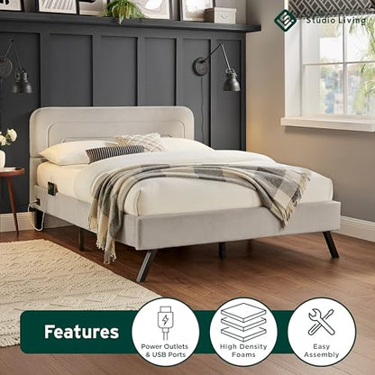 Studio Living® Adaline Upholstered Bed, Full Size, USB A + C Power, Storage Sleeve, Velvet Fabric, Light Gray - color: Light Gray, size: Full