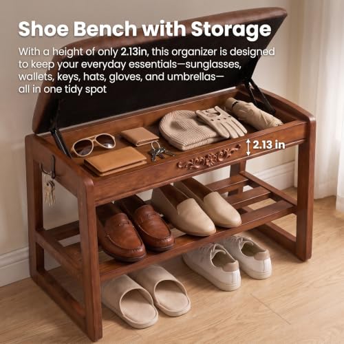 Shoe Storage Bench Shoe Rack Bench with Storage 2 Tier Wooden Shoe Rack | Solid wood shoe bench flip-top storage cushioned seat weight capacity of 550 lb side hooks walnut finish 23.6" W - size: 23.6"