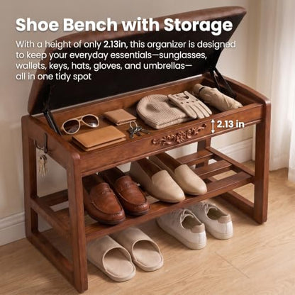 Shoe Storage Bench Shoe Rack Bench with Storage 2 Tier Wooden Shoe Rack | Solid wood shoe bench flip-top storage cushioned seat weight capacity of 550 lb side hooks walnut finish 23.6" W - size: 23.6"