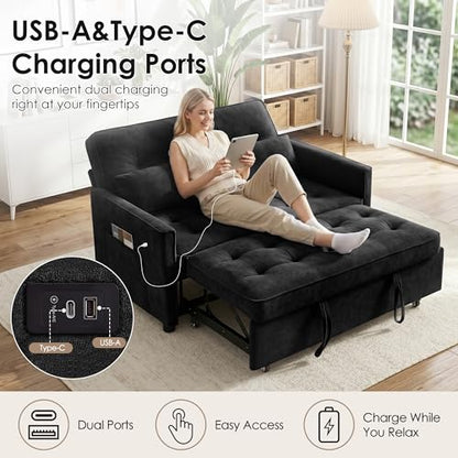 Dreamzie 55'' 3 in 1 Convertible Sofa Bed with USB Charging Ports, Pull Out Couch with Adjustable Backrest and Side Pockets, Sleeper Sofa for Living Room, Apartment, RV, Easy Assembly - Black - color: Black