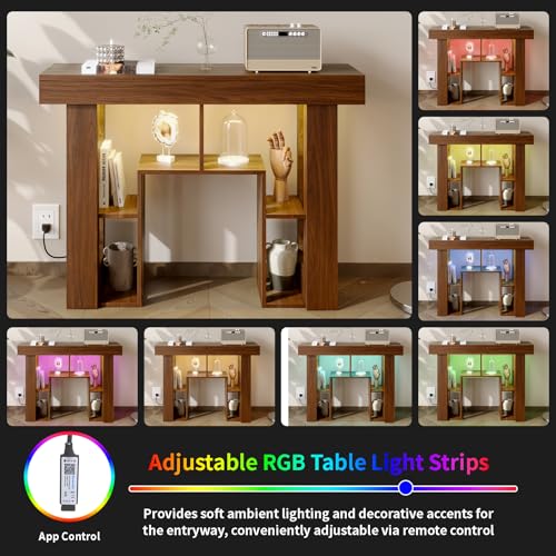 43.3" Console Table with Charging Station & USB-C Port, Behind Couch Sofa Table with LED Lights Narrow Entryway Table for Entrance Living Room Hallway Foyer, Walnut - color: Walnut