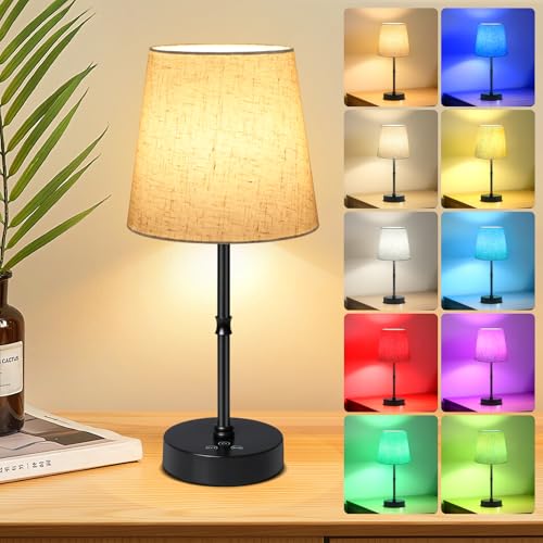 Wowag Cordless Table Lamp,5000mAh Rechargeable Battery Operated Desk Lamp,3 Colors & 7 RGB Stepless Dimmable,Portable Wireless Touch Bedside Night Light for Restaurant,Home,Decor Party,Flaxen Shade - color: Black+Flaxen Shade, size: 15.35in
