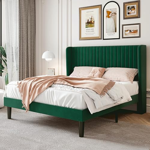 SHA CERLIN Full Size Velvet Bed Frame, Tufted Wingback Headboard, Green | 47'' Modern Vertical Channel Headboard, Upholstered Platform Bed, Wood Slats, No Box Spring Needed, Easy Assembly, Noise Free - color: Green, size: Full