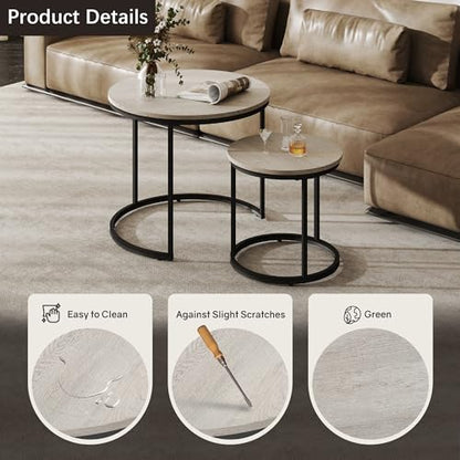 Otterease Nesting Tables Set of 2, Small Round Coffee Table for Living Room | Nesting Coffee Table with Adjustable Non-Slip Feet, Wood Grain Top Nesting Table for Living Room, Bedroom (Wood Grain Grey) - color: 23.6" Wood Grain Grey