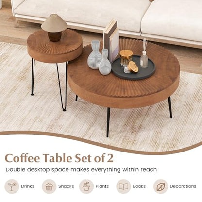 Giantex Boho Round Coffee Table Set of 2, Sofa Side Nesting Table with Solid Pine Wood Top, Metal Legs & Adjustable Foot Pads, 31.5" D Large Table Set for Living Room (Radial Pattern, Brown) - color: Brown, style: Radial Pattern