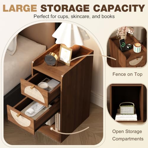 Narrow Nightstand Set of 2 (Rattan & Wood) - Small Bedside Table with 2 Drawers, Open Shelf, Mid Century Modern End Table - for Bedroom, Living Room & Small Spaces, Walnut - color: Walnut, size: 9.9"W (2 Pc)