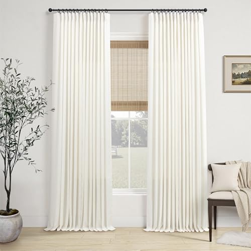 Pinch Pleated Cream Linen Curtains 108 Inch Long for Living Room 2 Panel Set Extra Long Back Tab Drape Neutral Farmhouse Light Filtering Semi Sheer Ceiling to Floor for Large Window Bedroom Ivory 9 FT - color: Natural, size: 40"W x 108"L (Pack of 2)