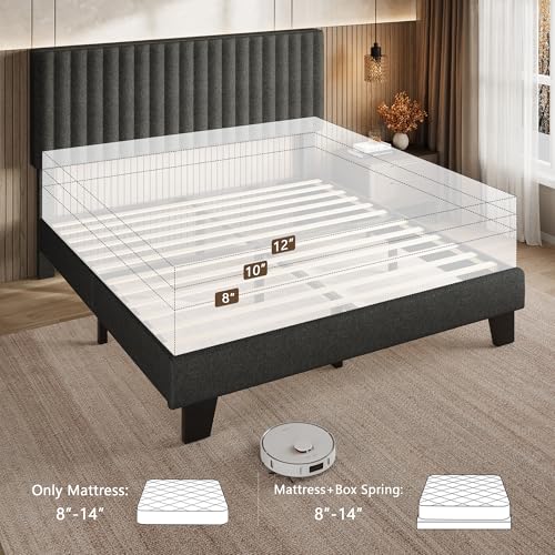 Einhomn Full Size Bed Frame with Headboard, Upholstered Linen Platform Bedframe with Solid Wooden Slats, Noise-Free, No Box Spring Needed, Easy Assembly, Dark Grey - color: Dark Grey, size: Full