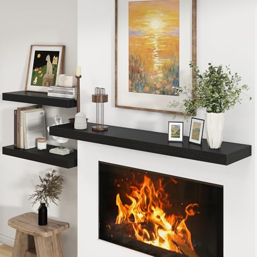 Deep Floating Shelves, 55'' x 12'' Black Shelves for Wall Set of 1 | Invisible Brackets, Engineered Wood, Mounting Hardware Included, 55LBS, Bathroom, Laundry Room, Kitchen, Living Room - color: Black, size: 55W x 12D x 2H, 1 Pack