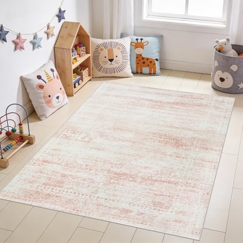 Pink Washable Rugs 5x7 Area Rugs for Living Room,Bedroom,Nursery,Carpet | Non-Slip&Non-Shedding,Ultra Soft Faux Wool Nursery Rug for Baby Girl,Dorm Kids Playroom,Kids & Pet Friendly Vintage Carpets - color: Pink-white, size: 5' x 7' (Rectangular)