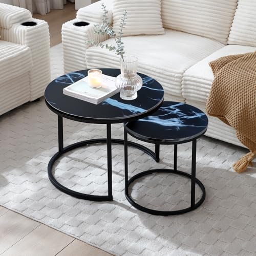 24" Marble Pattern Accent Side Table, Modern Nesting Side Tables with Metal Frame, Space-Saving Nesting Coffee Table Set for Living Room Apartment, Black - color: Black