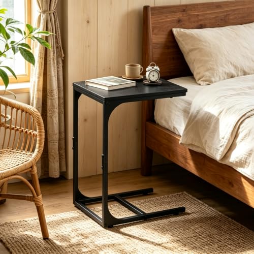 WLIVE C-Shaped End Table Set of 2, Small Couch Side Tables with Metal Frame, Sofa Table TV Tray for Living Room, Bedroom, Black - color: Relief Black