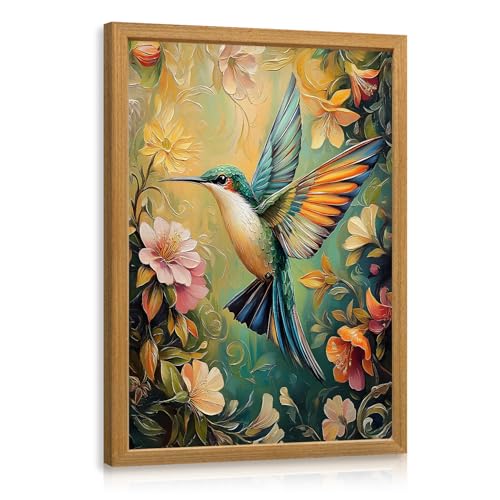 LLEEMPI William Morris Hummingbird Floral Wall Art,12x16 Wood Framed Print | Colorful hummingbird and floral botanical art for living room, bedroom, nursery or hallway; a charming gift for bird lovers. - color: Bird, size: 16"L x 12"W
