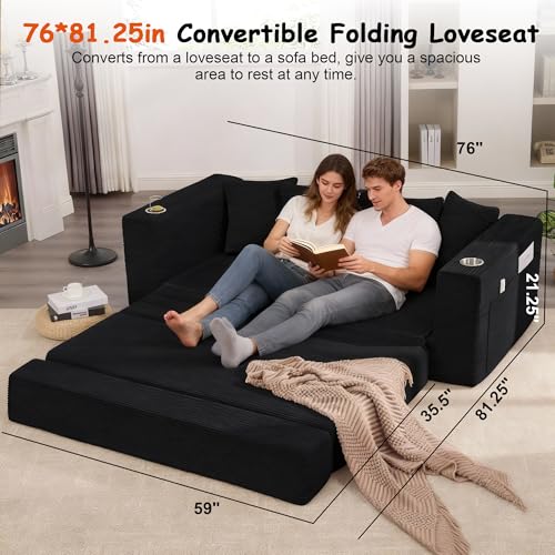 76" Convertible Sofa Bed, Corduroy Boneless Couch with Cup Holders & Pocket | 2-in-1 Sleeper Sofa, Pull-out Couch Bed with 5 Pillows, Living Room, Small Spaces, Bedroom, No Assembly - color: 76" Black