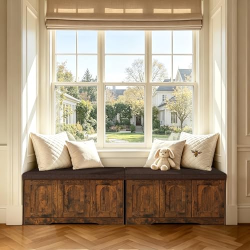 Shoe Storage Bench with Cushion, Door, Rustic Brown 39.4"LX17.7"H | Entryway Bench, 2-Tier Cabinet Bench, Widened Cubby, Fully Adjustable Shelves for Boots, Easy Assembly, Farmhouse, Bedroom - color: Rustic Brown, size: 39.4”L x 17.7”H