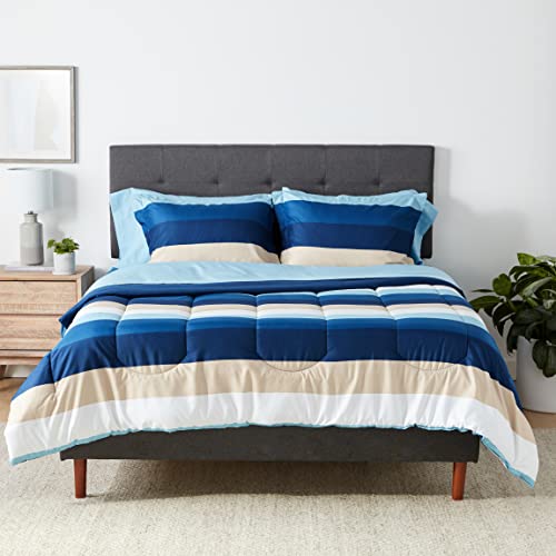 Amazon Basics Full/Queen Comforter Set with Sheets, 7-Piece Blue Stripe Bedding, Lightweight Microfiber Bed-in-a-Bag, Striped - color: Blue Stripe, size: Full/Queen, style: 1-Pack