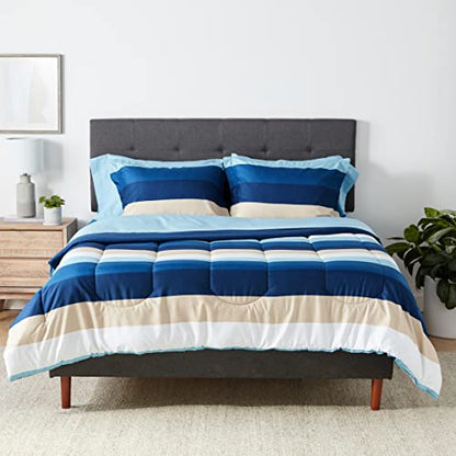 Amazon Basics Full/Queen Comforter Set with Sheets, 7-Piece Blue Stripe Bedding, Lightweight Microfiber Bed-in-a-Bag, Striped - color: Blue Stripe, size: Full/Queen, style: 1-Pack
