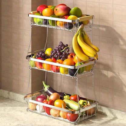 3-Tier Fruit Basket with Banana Hangers, Detachable Metal Bowl | Wooden handle, protective mats included. Versatile holder for bread, snacks, and veggies. Large 3 tier metal design. - color: Silver, size: 3 Tier