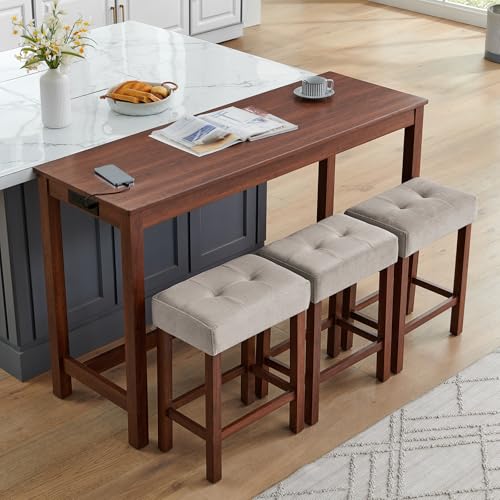 59" Dining Bar Table Set with Power Outlet, Behind Couch Sofa Table with 3 Padded Stools, 4 Piece Bar Table and Chairs Set for Living Room, Dining Room, Cherry - color: R3-cherry