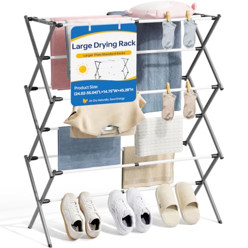 Oversized Clothes Drying Rack, 45.28" H × 14.57" D | Foldable & Extendable, Adjustable Size (24.49"-35.51"L), Space-Saving, Rust-Resistant Frame, Indoor/Outdoor Use, Grey White - color: Grey White, size: Large