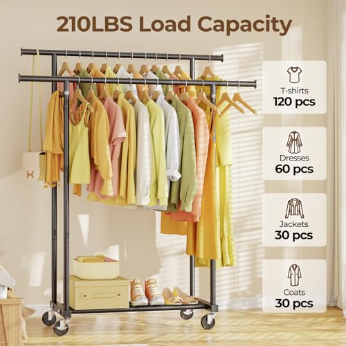 HYSEYY Double Rods Clothes Rack, Rolling Clothing Rack for Hanging Clothes Portable Wardrobe Rack, Metal Garment Rack Sturdy Coat Rack for Bedroom Laundry Living Room, Black - color: Black